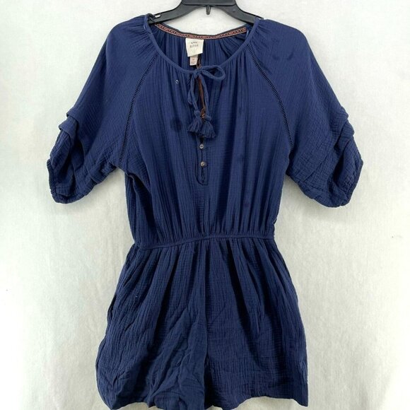 Knox Rose Romper Women's Sz M Navy Blue Lace Up Keyhole Puff Sleeve Smock Waist - Picture 1 of 14